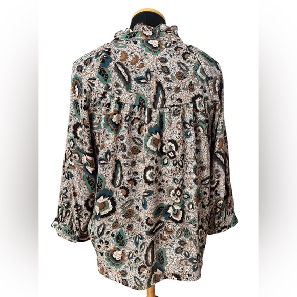 Evereve Paisley Ruffle Neck Blouse Green Brown Boho Size Small - Picture 3 of 11